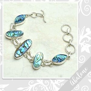 Abalone Shell Multi-Stone Silver Artisan Bracelet, 8” (Aqua Blue-Green, Purple)
